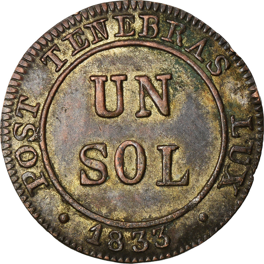 Coin, SWISS CANTONS, GENEVA, Sol, 1833, AU(55-58), Billon, KM:120