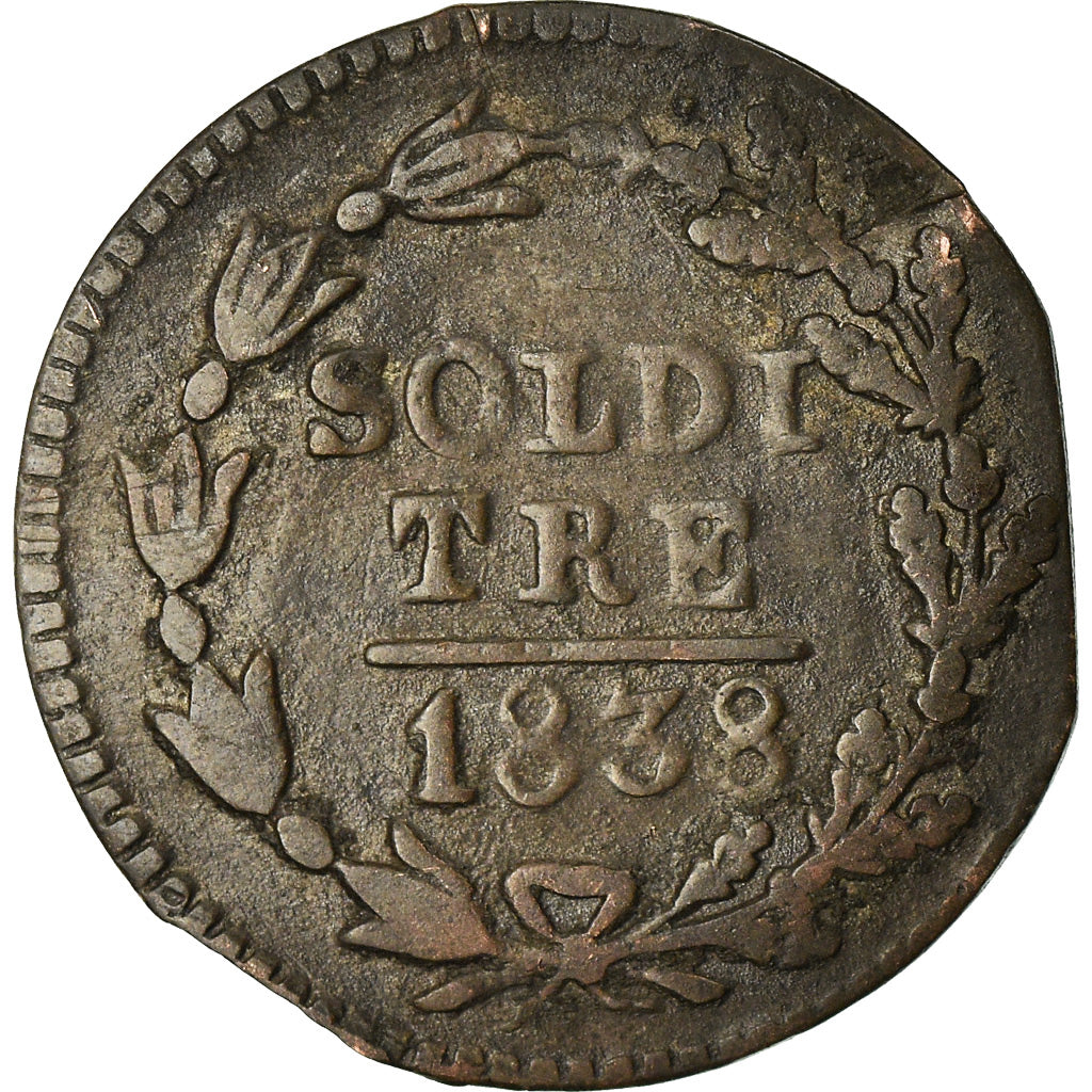 Coin, SWISS CANTONS, TICINO, 3 Soldi, 1838, VF(20-25), Billon, KM:2