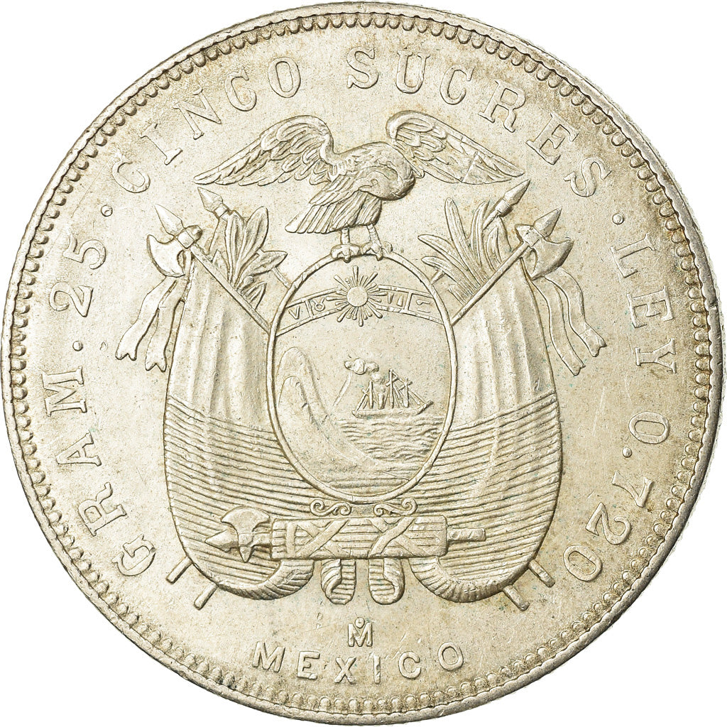 Coin, Ecuador, 5 Sucres, Cinco, 1944, Mexico City, Mexico, MS(60-62), Silver