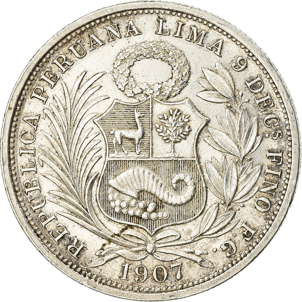 Moneda, Perú, 1/2 Sol, 1907, Lima, MBC+, Plata, KM:203