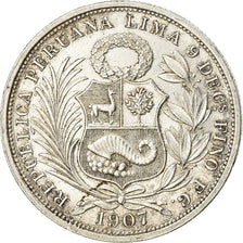 Moneda, Perú, 1/2 Sol, 1907, Lima, MBC+, Plata, KM:203