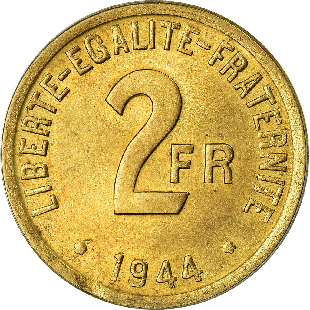 Coin, France, France Libre, 2 Francs, 1944, Philadelphia, AU(50-53), Brass