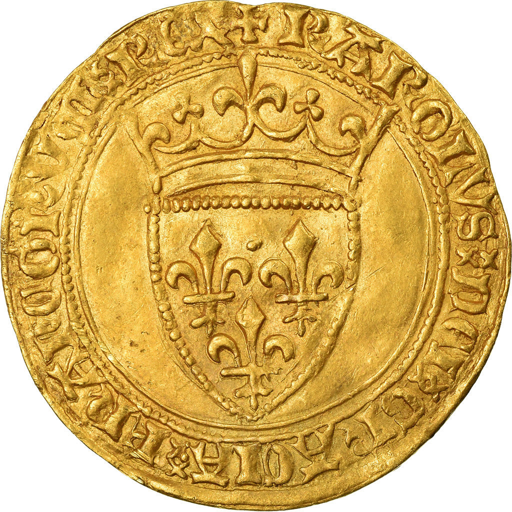 Moneta, Francia, Charles VI, Écu d'or, Ecu d'or, BB+, Oro, Duplessy:369A