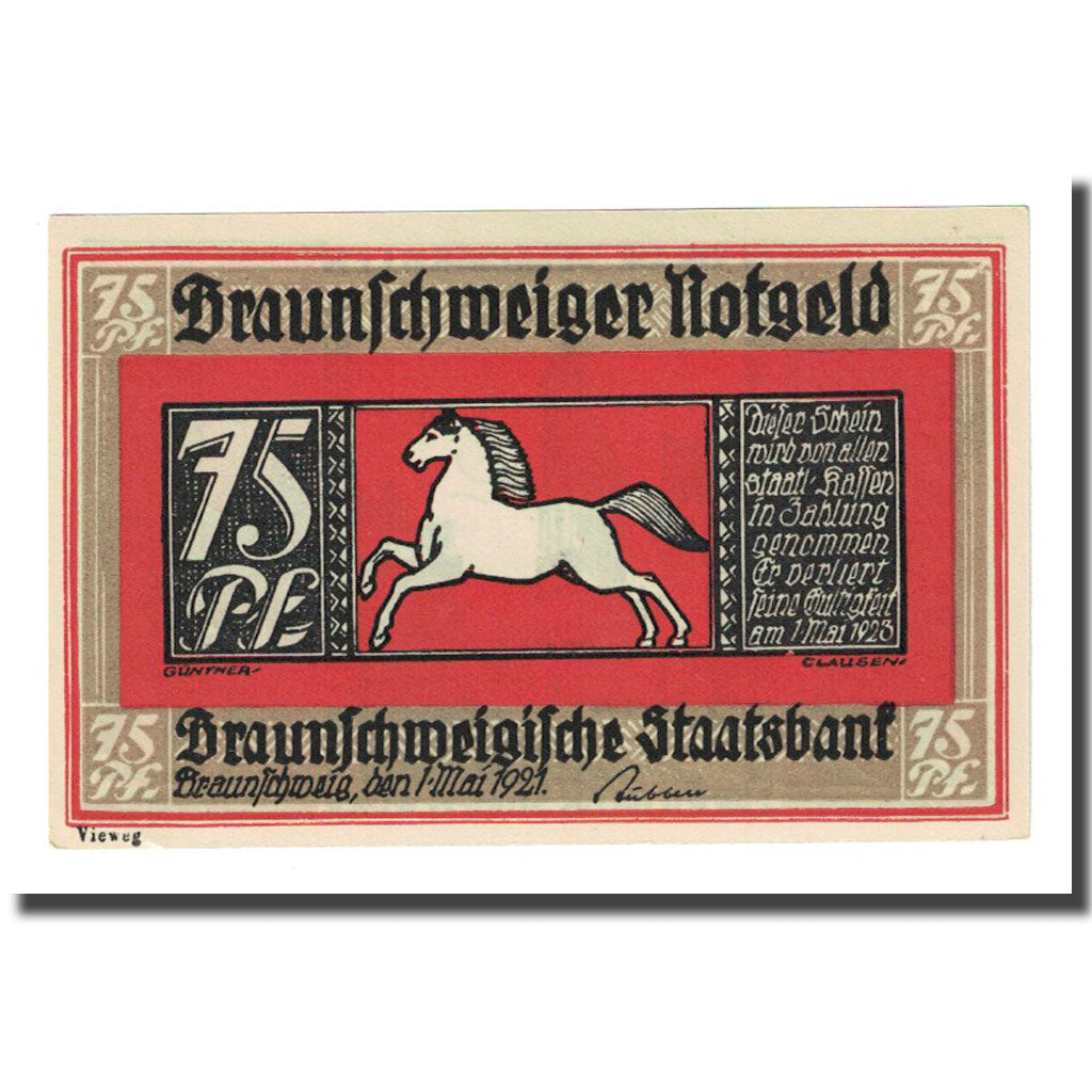 Biljet, Duitsland, Braunschweig, 75 Pfennig, Eglise 1, 1921, 1921-05-01, SPL