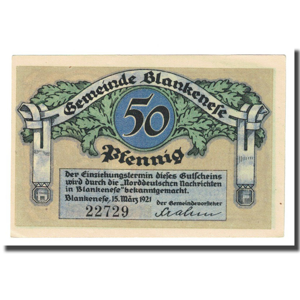Biljet, Duitsland, Blankenese Gemeindesparkasse, 50 Pfennig, portrait, 1921