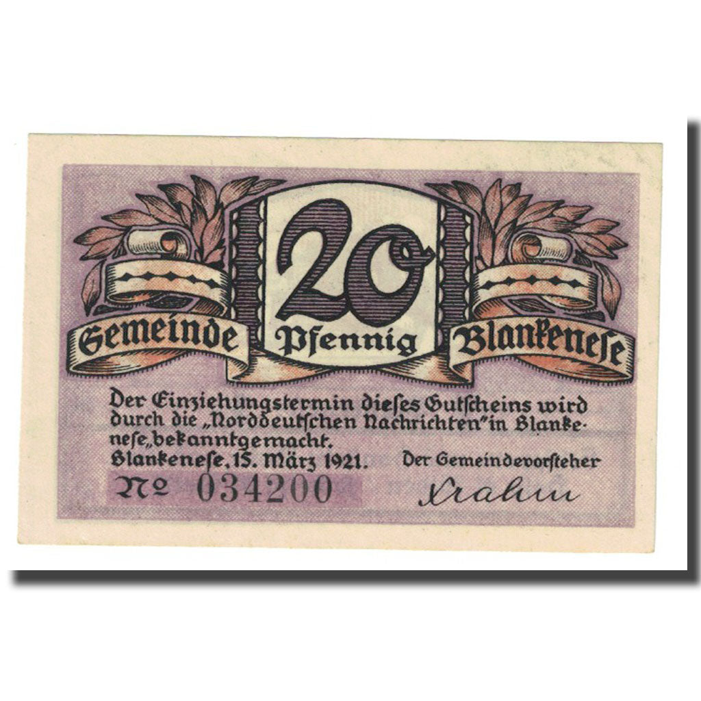 Banconote, Germania, Blankenese Gemeindesparkasse, 20 Pfennig, paysage 1, 1921