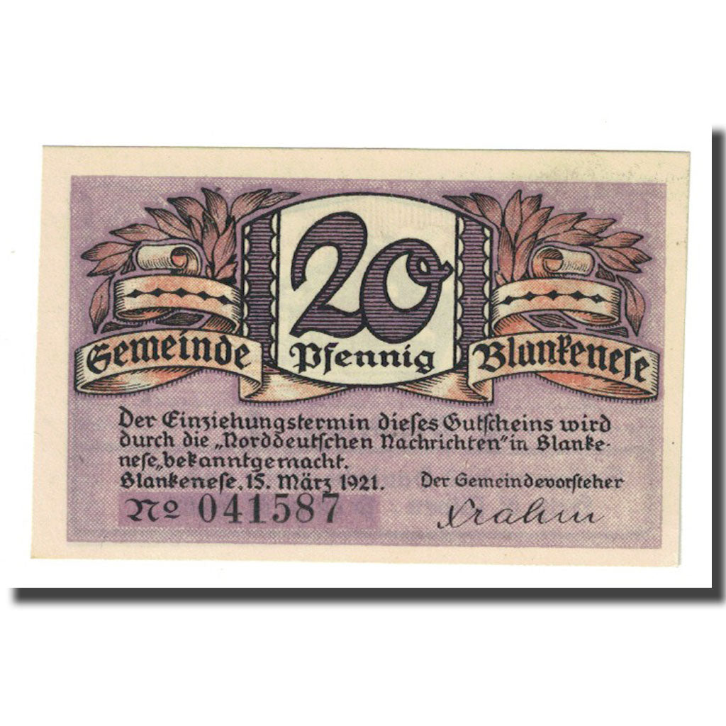 Banconote, Germania, Blankenese Gemeindesparkasse, 20 Pfennig, paysage 2, 1921