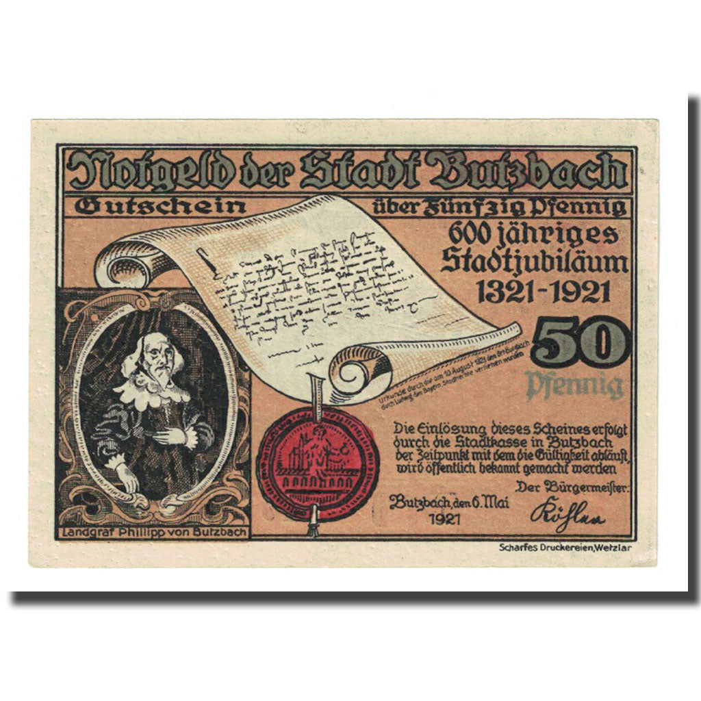 Banconote, Germania, Butzbach, 50 Pfennig, paysage, 1921, 1921-05-06, SPL