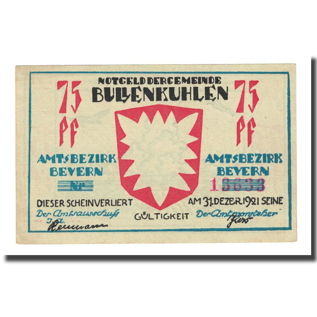 Geldschein, Deutschland, Bullenkuhlen, 75 Pfennig, paysage, 1921, 1921-12-31