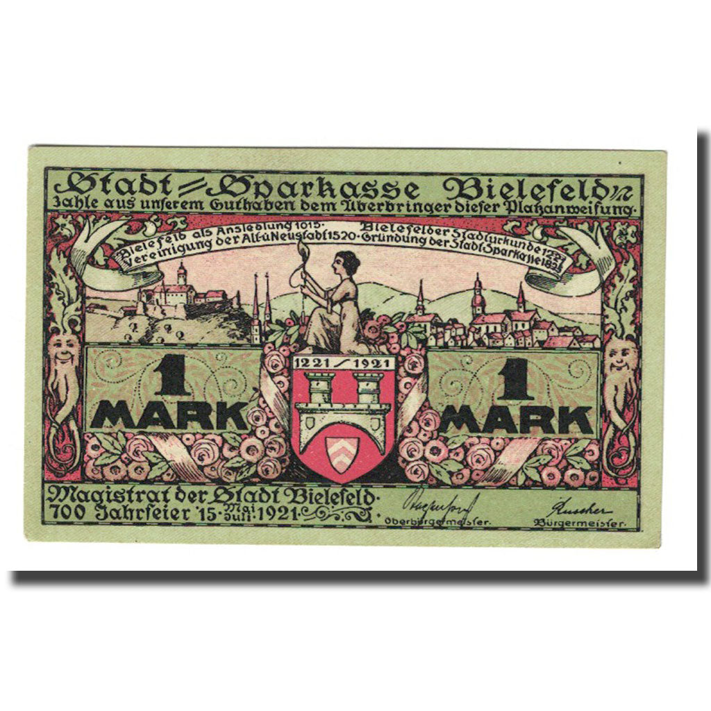Banknote, Germany, Bielefeld, 1 Mark, personnage, 1921, 1921-05-15, UNC(63)