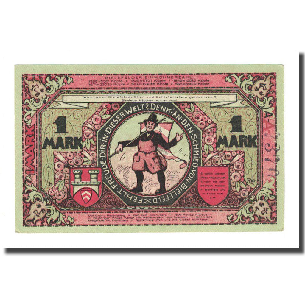 Banknote, Germany, Bielefeld, 1 Mark, personnage, 1921, 1921-05-15, UNC(63)