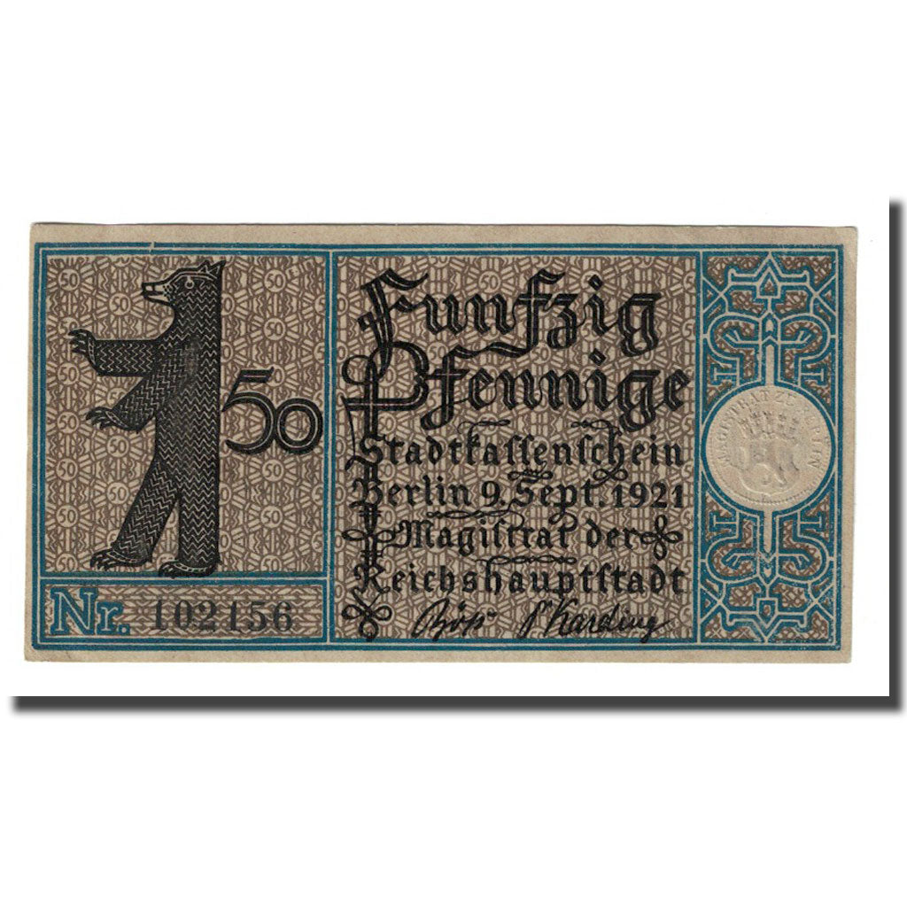 Banconote, Germania, Berlin Stadt, 50 Pfennig, paysage, 1921, 1921-09-09, SPL