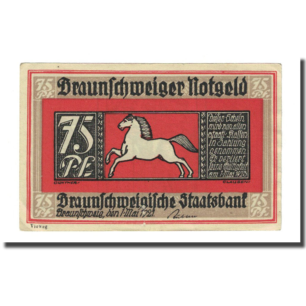 Banconote, Germania, Braunschweig, 75 Pfennig, rue, 1921, 1921-05-01, SPL