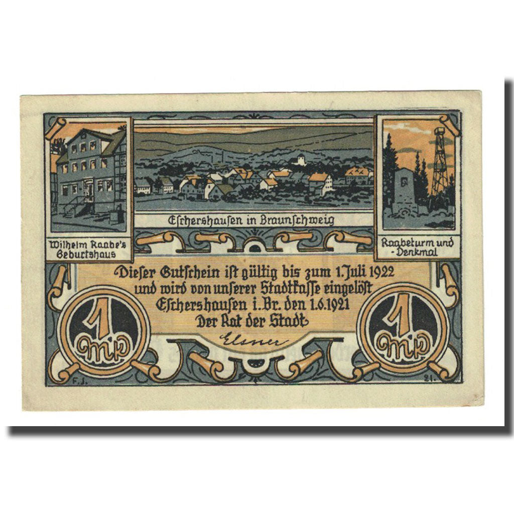 Billete, Alemania, Eschershausen, 1 Mark, personnage, 1921, 1921-06-01, SC