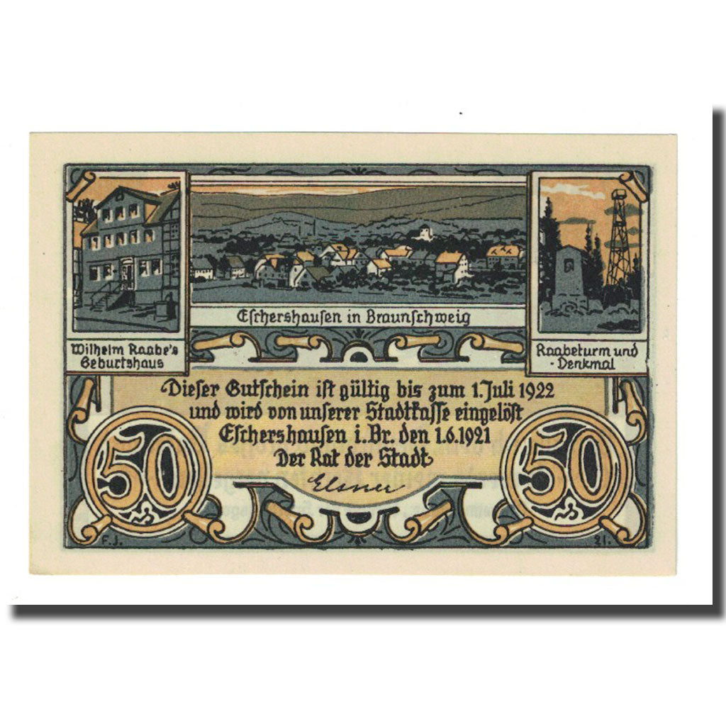 Banconote, Germania, Eschershausen, 50 Pfennig, paysage, 1921, 1921-06-01, SPL