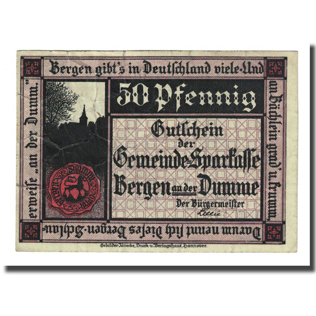 Banconote, Germania, Bergen a.d Dumme, 50 Pfennig, cavalier, 1922, 1922-12-31