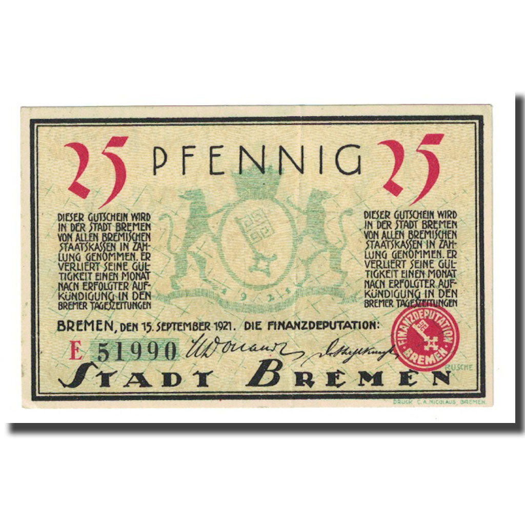 Banknot, Niemcy, Bremen, 25 Pfennig, Monument, 1921, 1921-09-15, AU(55-58)