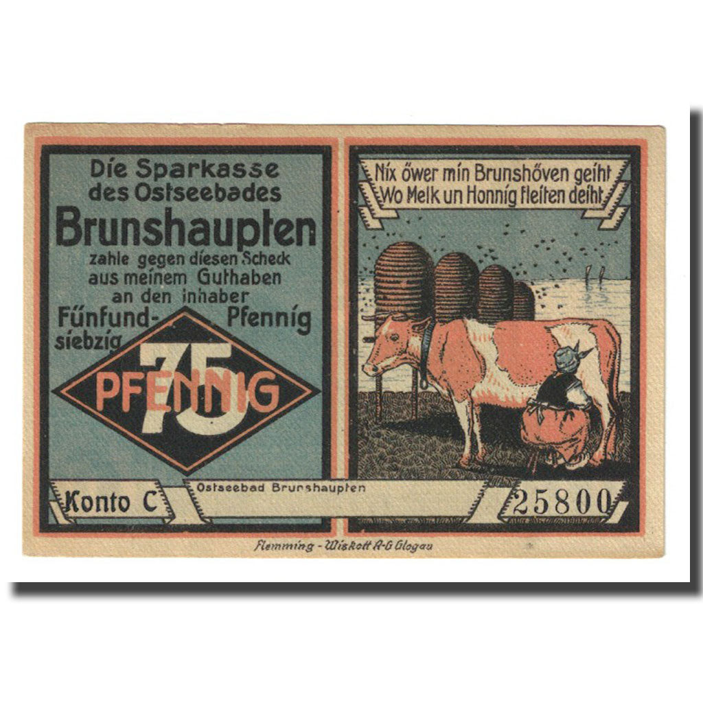 Banknote, Germany, Brunshaupten, 75 Pfennig, paysage, 1922, UNC(63), Mehl:195.2