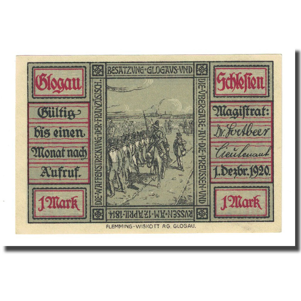 Banconote, Germania, Glogau Stadt, 1 Mark, personnage, 1920, 1920-12-01, SPL-