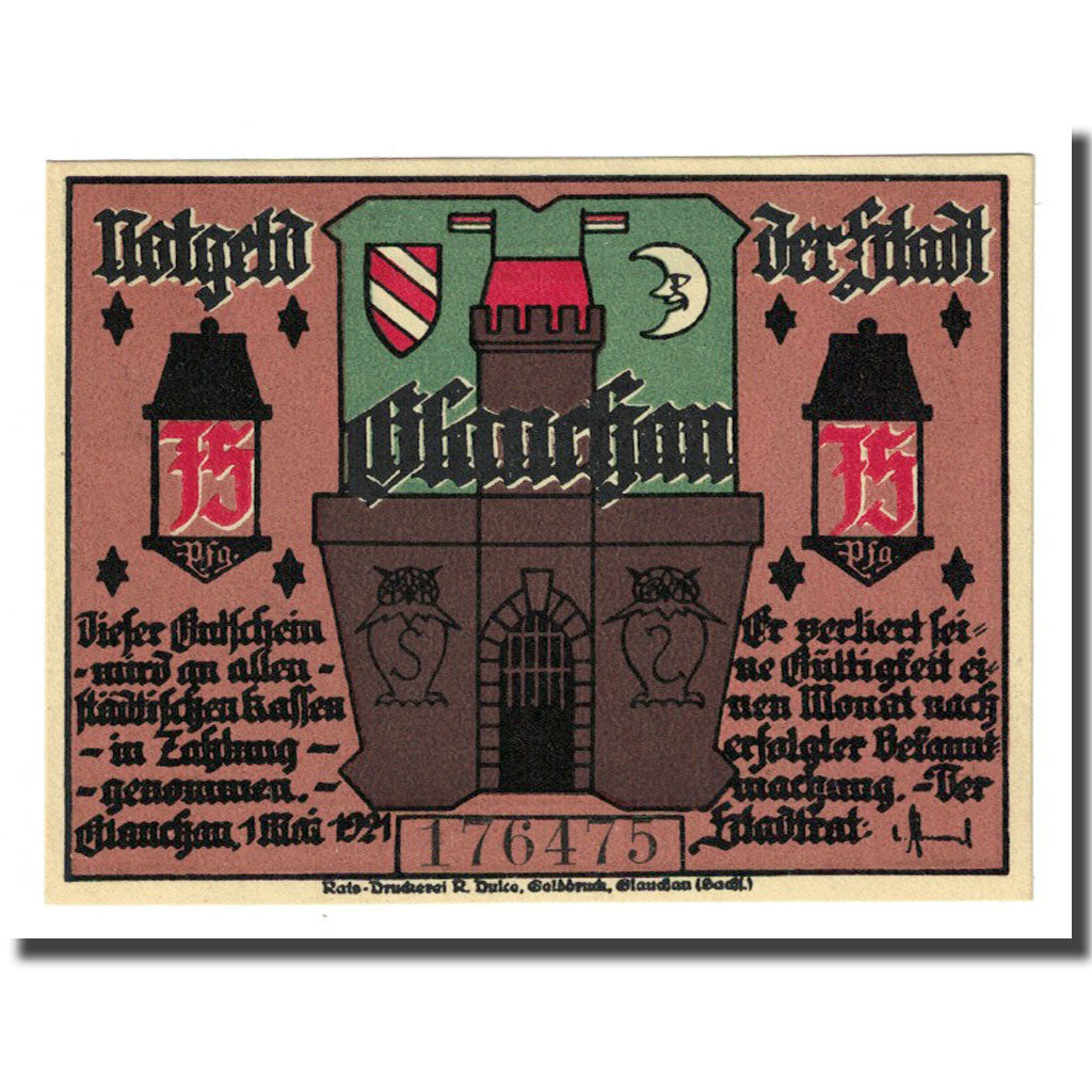 Biljet, Duitsland, Glauchau Stadt, 75 Pfennig, personnage 1, 1921, 1921-05-01
