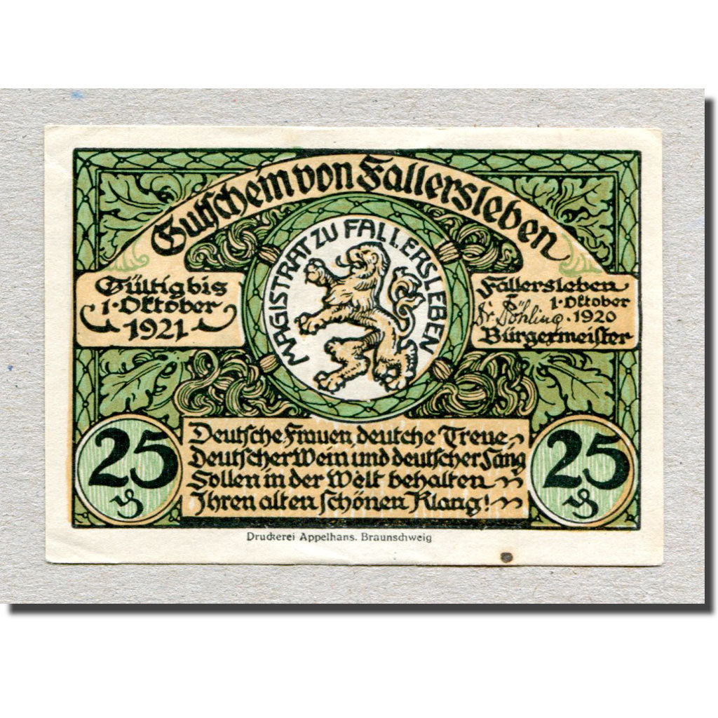Billet, Allemagne, Fallersleben, 25 Pfennig, Maison, 1920, 1920-10-01, SPL