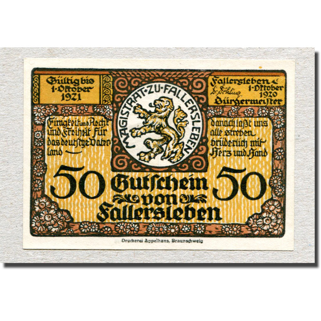 Biljet, Duitsland, Fallersleben, 50 Pfennig, rue, 1920, 1920-10-01, SPL