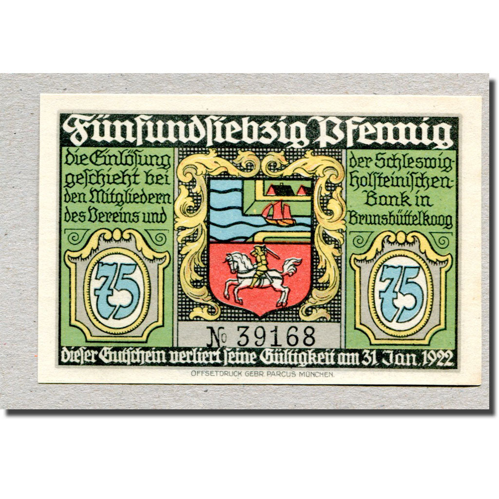 Billet, Allemagne, Brunsbüttelkoog, 75 Pfennig, bateau 1, 1922, 1922-01-31