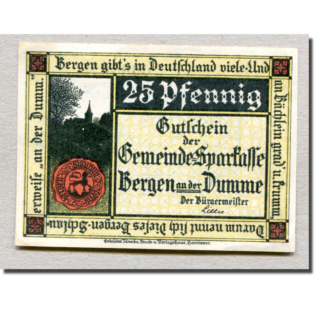 Billet, Allemagne, Bergen a.d Dumme, 25 Pfennig, personnage, 1922, 1922-12-31