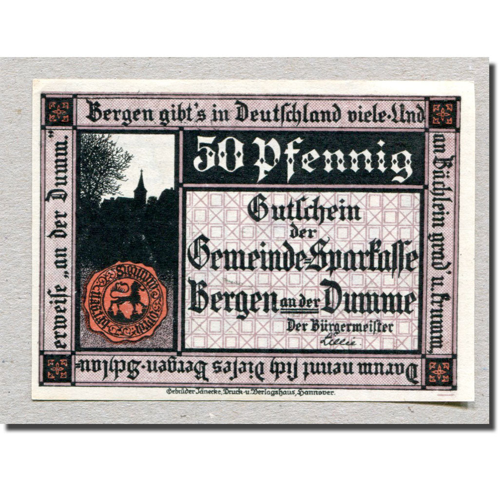 Billet, Allemagne, Bergen a.d Dumme, 50 Pfennig, chevalier, 1922, 1922-12-31