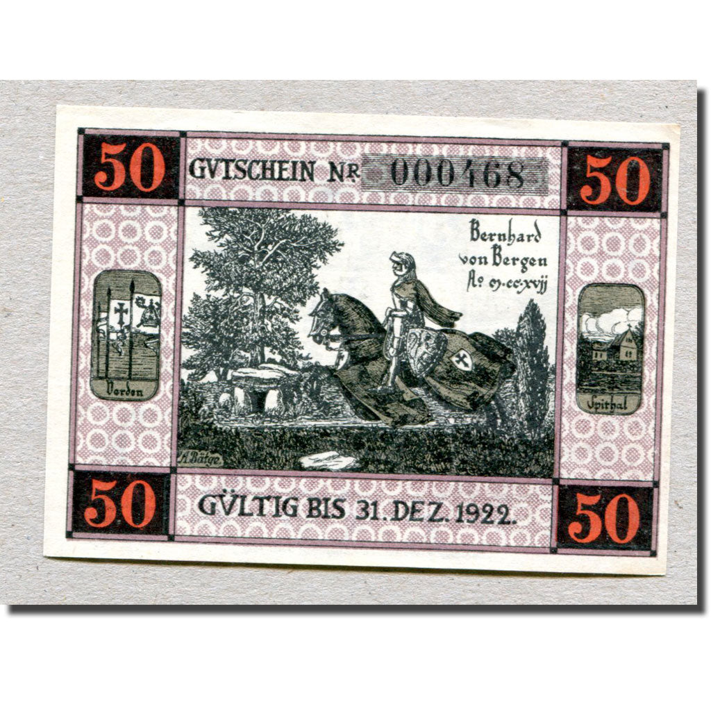 Billet, Allemagne, Bergen a.d Dumme, 50 Pfennig, chevalier, 1922, 1922-12-31