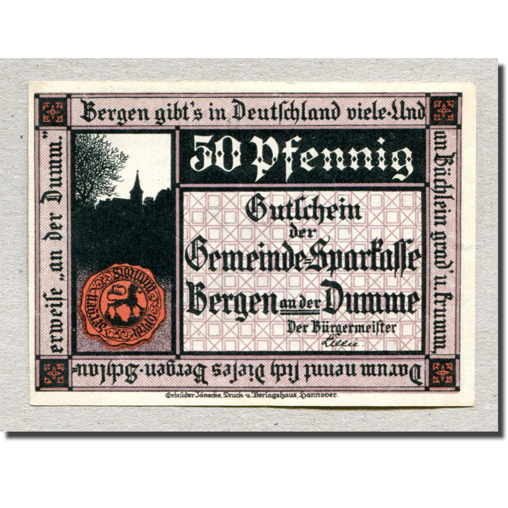 Banknote, Germany, Bergen a.d Dumme, 50 Pfennig, chevalier 1, 1922, 1922-12-31