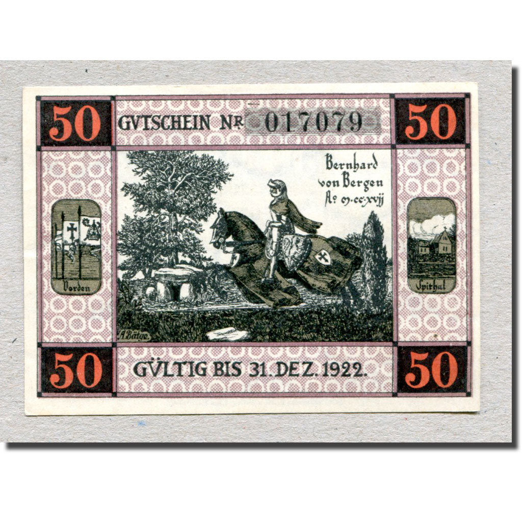 Banknote, Germany, Bergen a.d Dumme, 50 Pfennig, chevalier 1, 1922, 1922-12-31