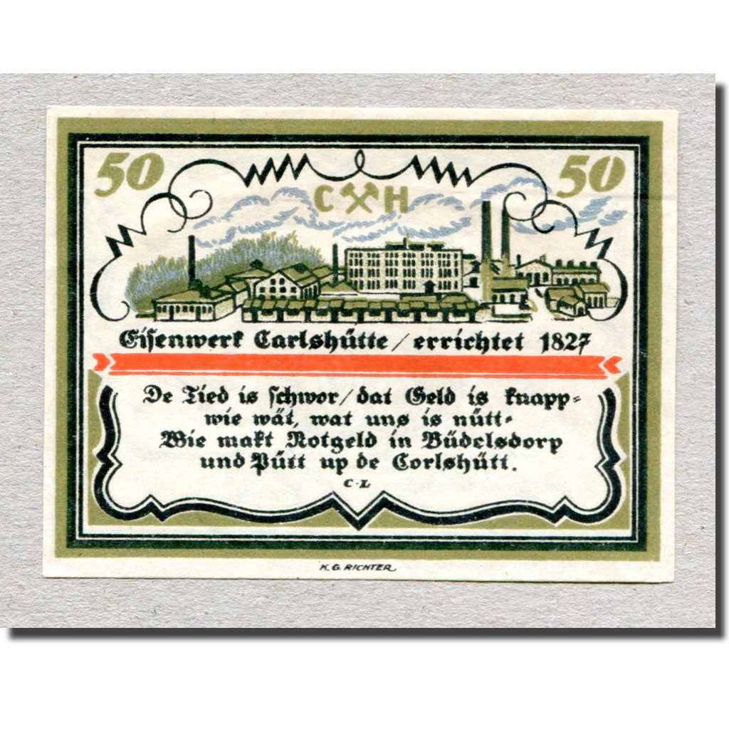 Banconote, Germania, Budelsdorf Gemeinde, 50 Pfennig, Usine, 1921, SPL