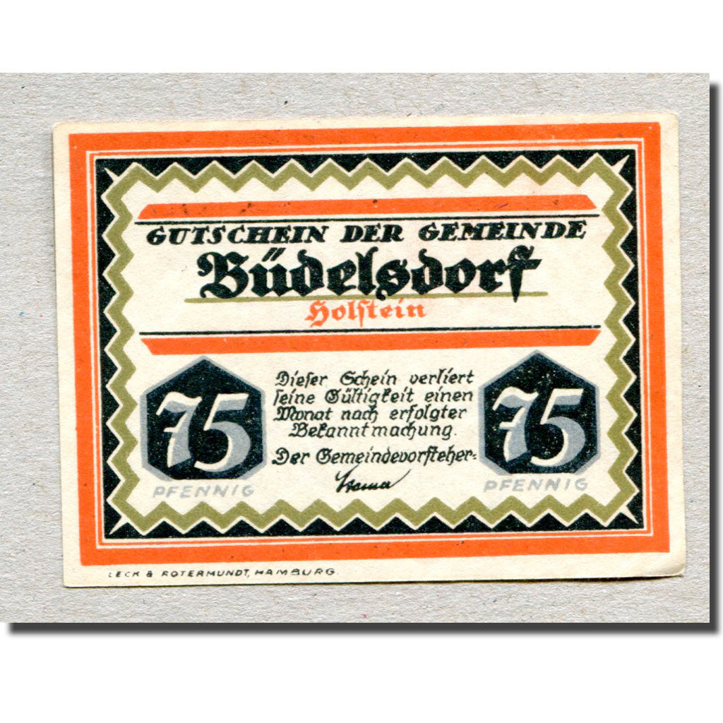 Biljet, Duitsland, Budelsdorf Gemeinde, 75 Pfennig, maison 1, 1921, SPL