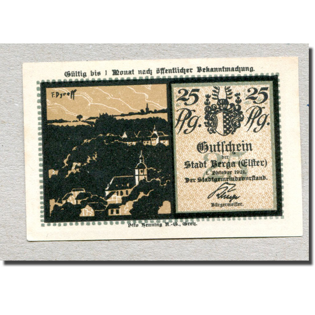 Biljet, Duitsland, Berga a. d. Elster, 25 Pfennig, cavalier 1, 1921, 1921-10-01