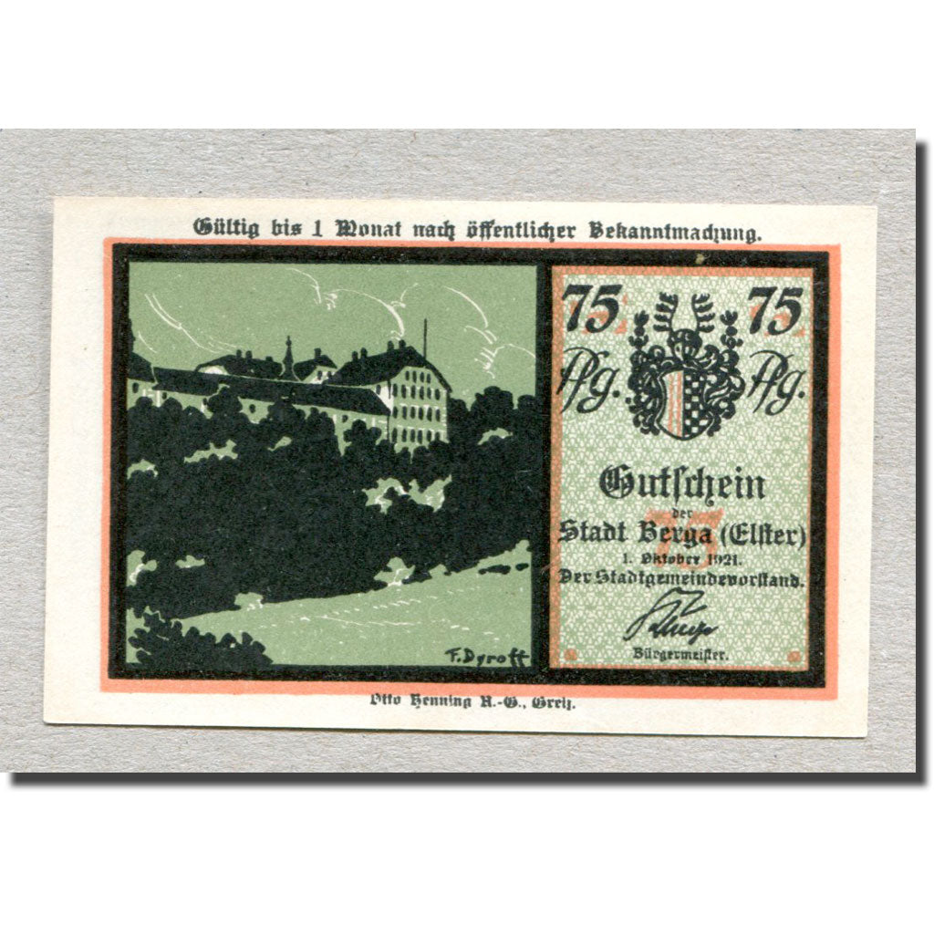 Banknote, Germany, Berga a. d. Elster, 75 Pfennig, personnage 2, 1921
