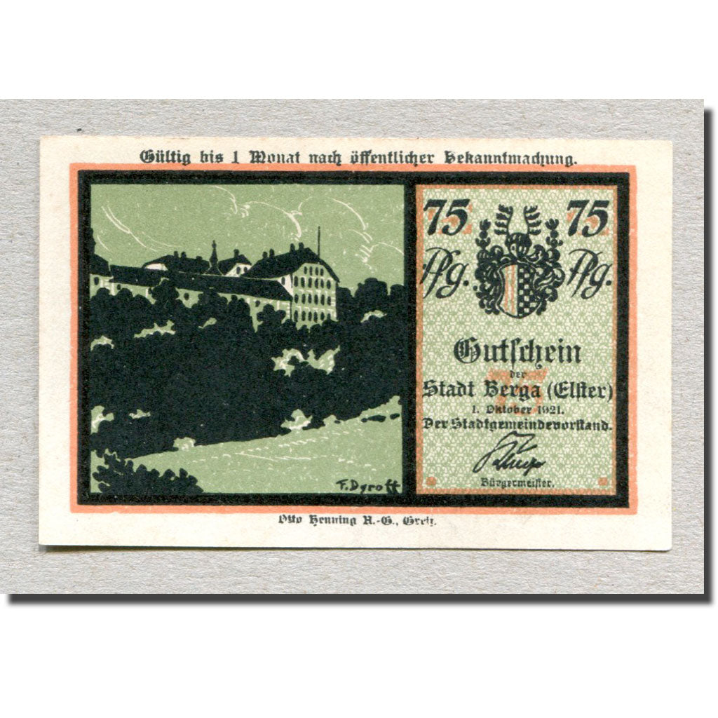 Billet, Allemagne, Berga a. d. Elster, 75 Pfennig, personnage 3, 1921