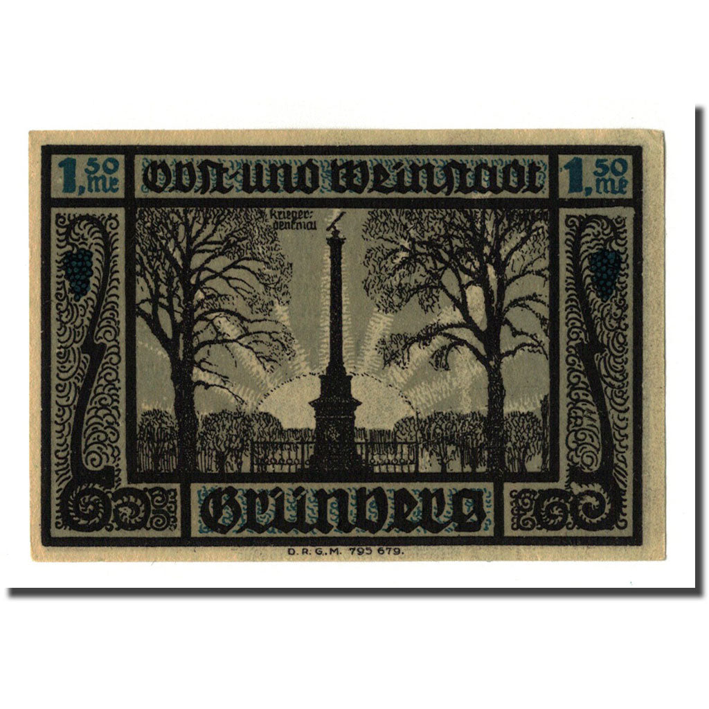 Banknote, Germany, Grünberg, 1.5 Mark, Monument, 1922, UNC(63), Mehl:490.1a