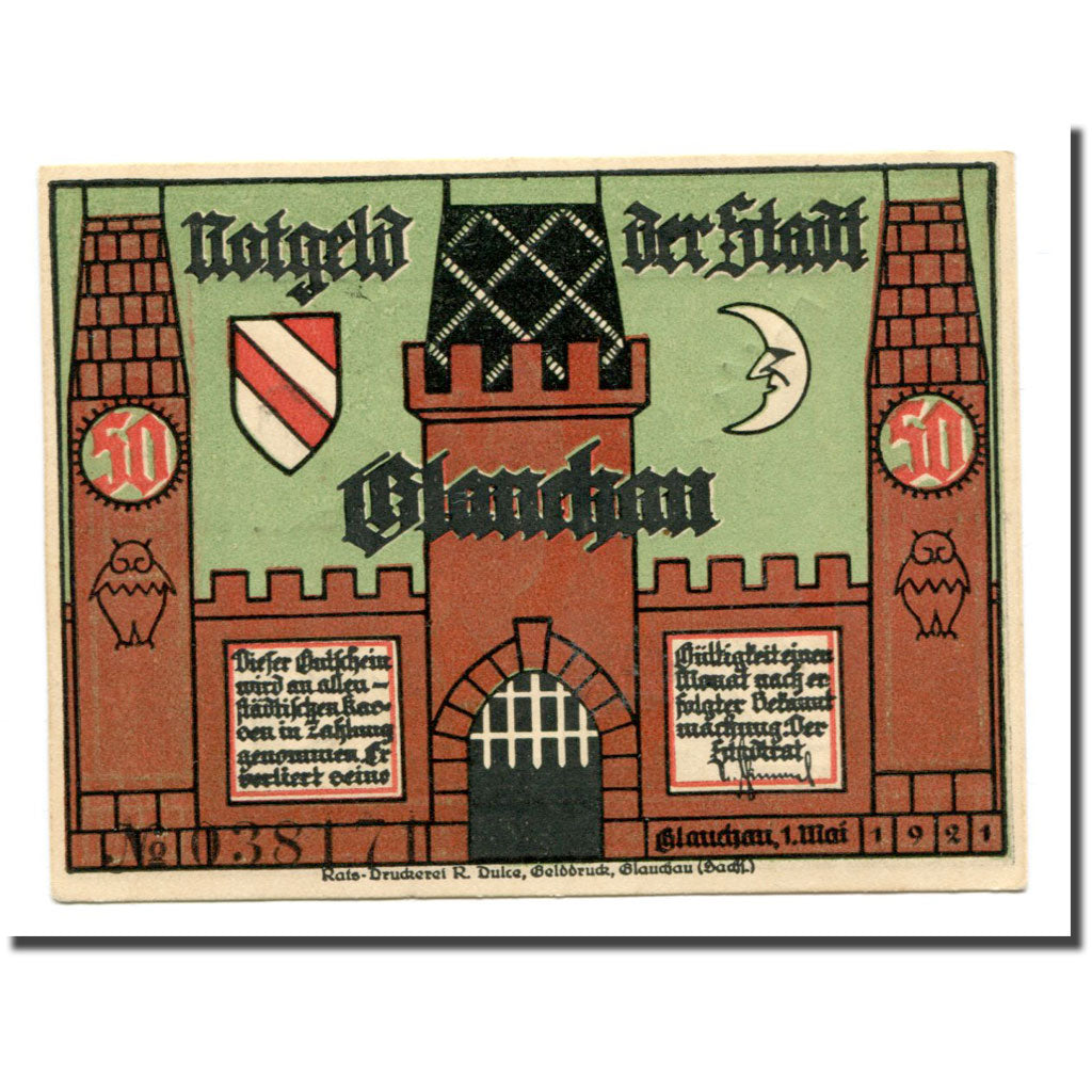 Banconote, Germania, Glauchau Stadt, 50 Pfennig, personnage 1, 1921, 1921-05-01