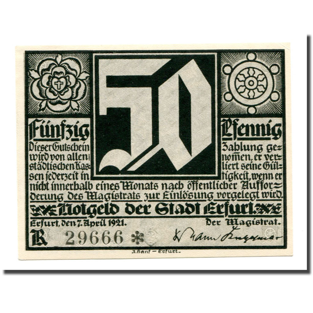 Biljet, Duitsland, Erfurt Stadt, 50 Pfennig, personnage, 1921, 1921-04-07, SPL