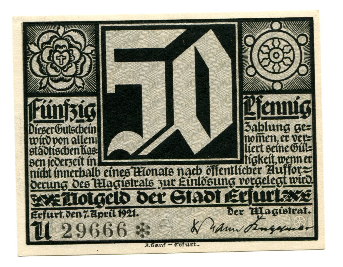 Billet, Allemagne, Erfurt Stadt, 50 Pfennig, personnage 1, 1921, 1921-04-07