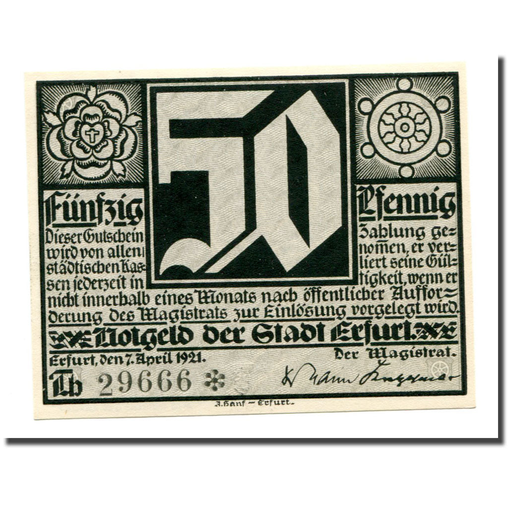 Biljet, Duitsland, Erfurt Stadt, 50 Pfennig, personnage 2, 1921, 1921-04-07