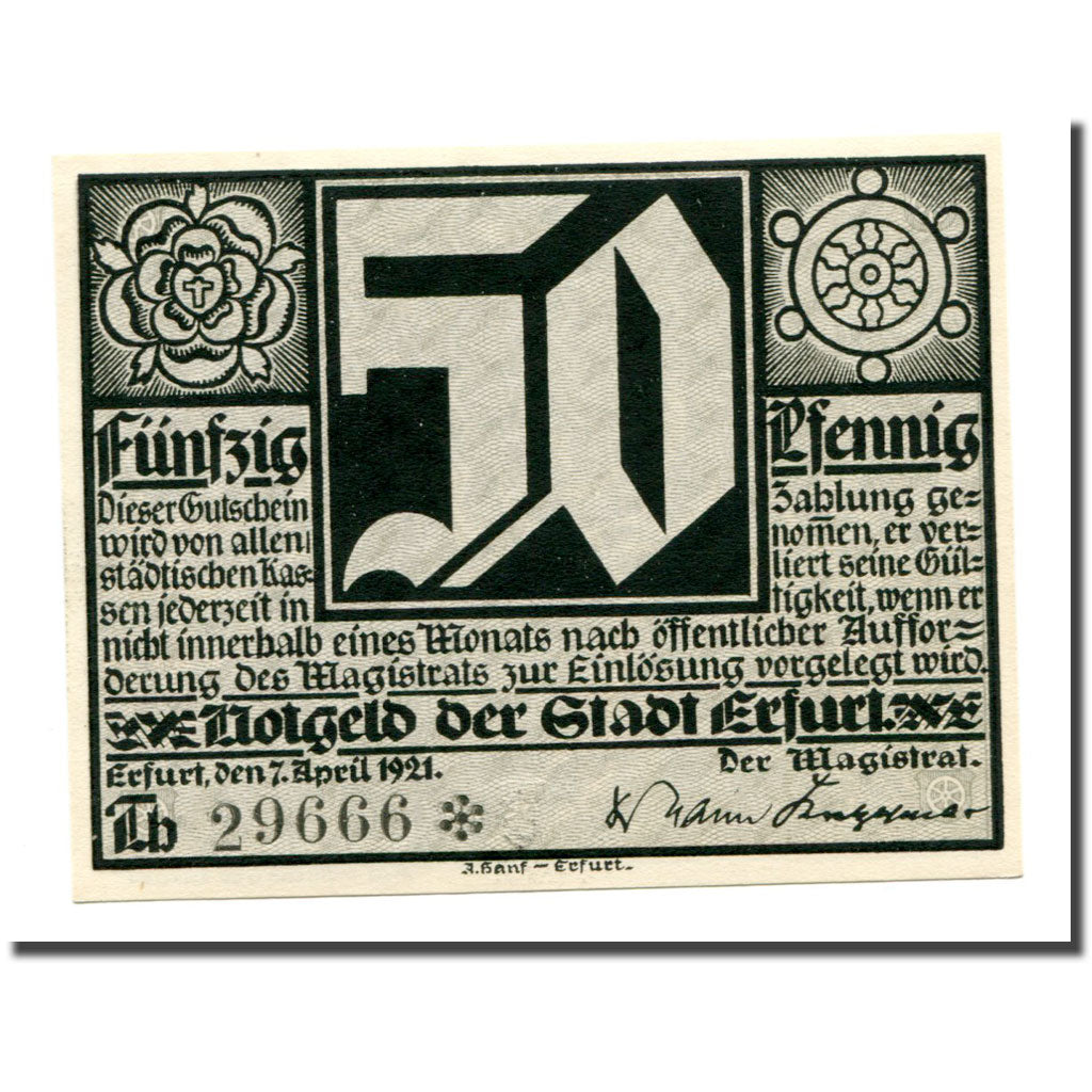 Billet, Allemagne, Erfurt Stadt, 50 Pfennig, personnage 3, 1921, 1921-04-07