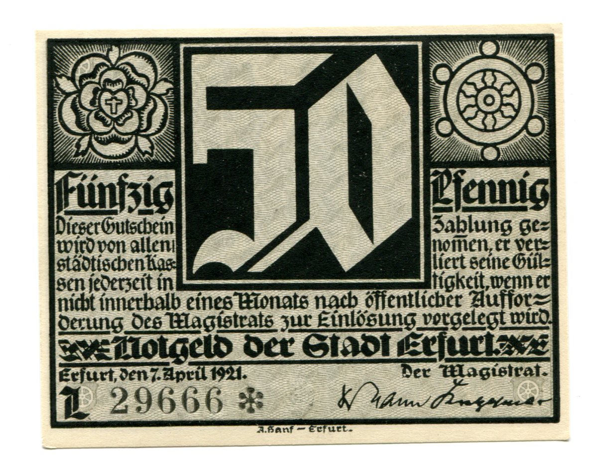 Biljet, Duitsland, Erfurt Stadt, 50 Pfennig, personnage 4, 1921, 1921-04-07