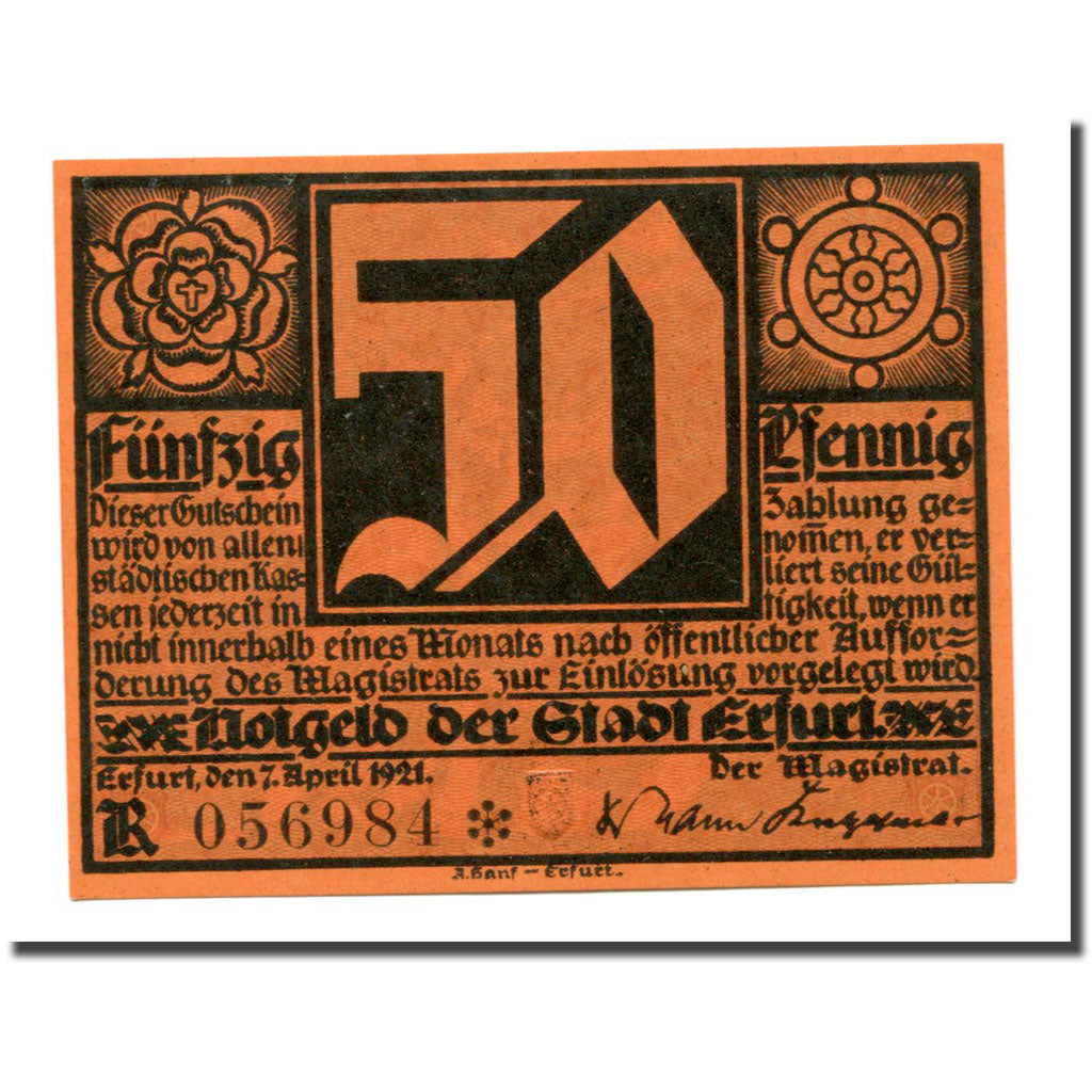Banconote, Germania, Erfurt Stadt, 50 Pfennig, personnage, 1921, 1921-04-07