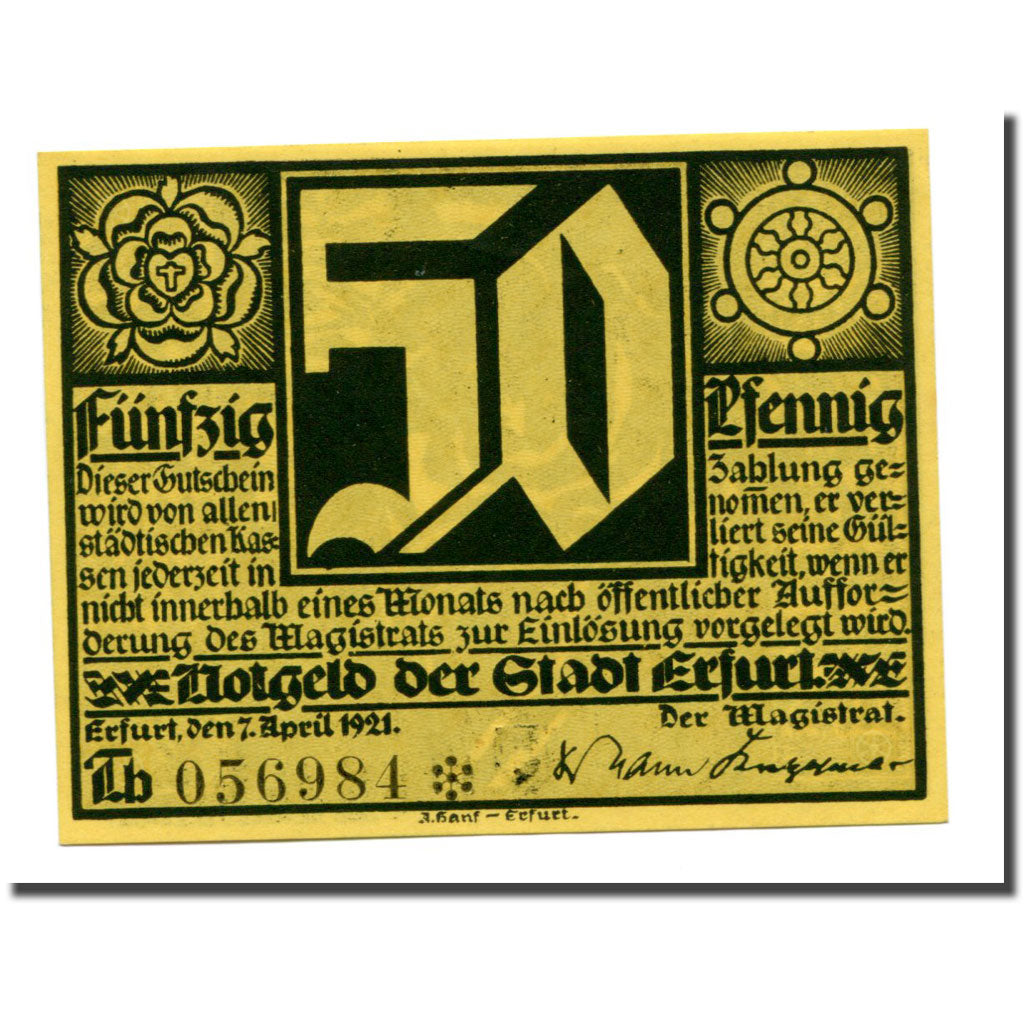 Billet, Allemagne, Erfurt Stadt, 50 Pfennig, personnage, 1921, 1921-04-07, SPL
