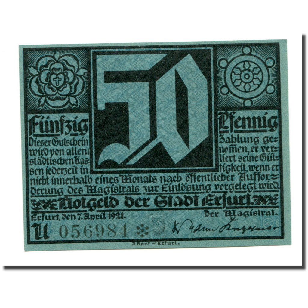 Billet, Allemagne, Erfurt Stadt, 50 Pfennig, personnage 1, 1921, 1921-04-07