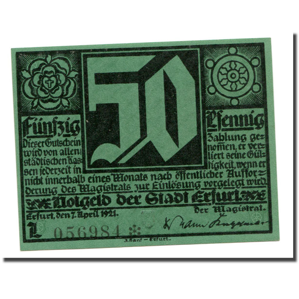 Billet, Allemagne, Erfurt Stadt, 50 Pfennig, personnage 2, 1921, 1921-04-07