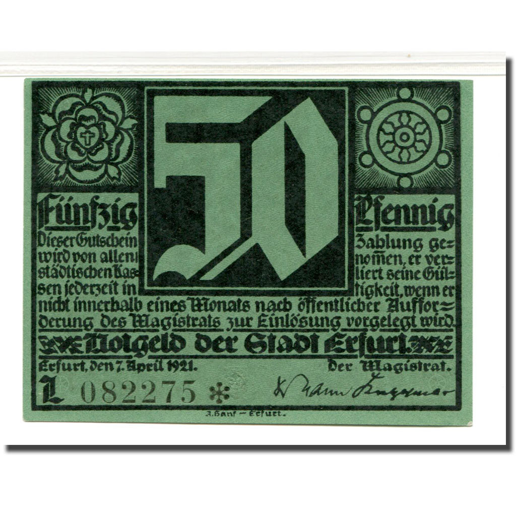 Biljet, Duitsland, Erfurt Stadt, 50 Pfennig, personnage 3, 1921, 1921-04-07
