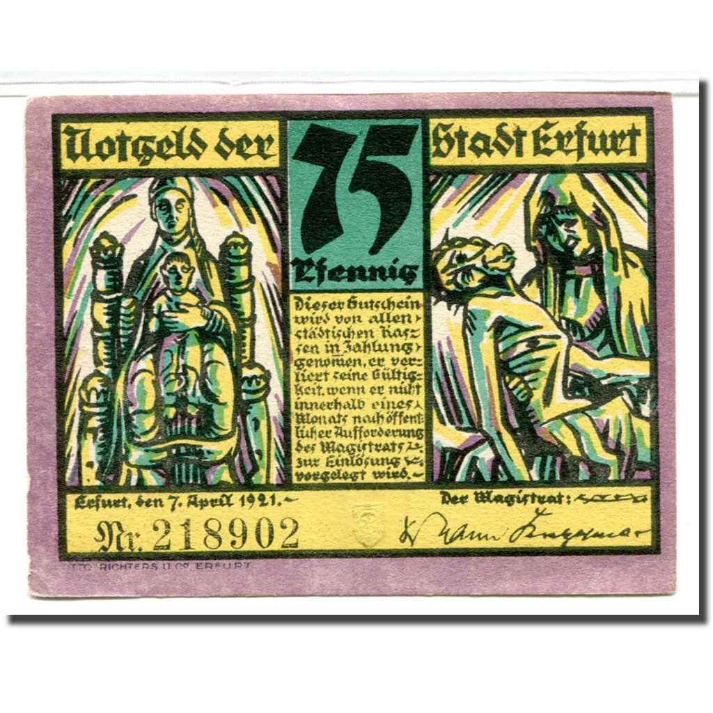 Banconote, Germania, Erfurt Stadt, 75 Pfennig, personnage, 1921, 1921-04-07